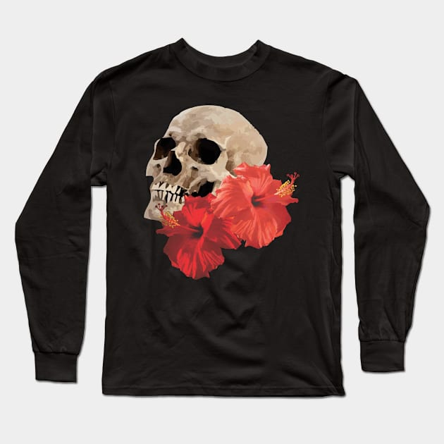 Skull and Hibiscus Long Sleeve T-Shirt by MarranArt